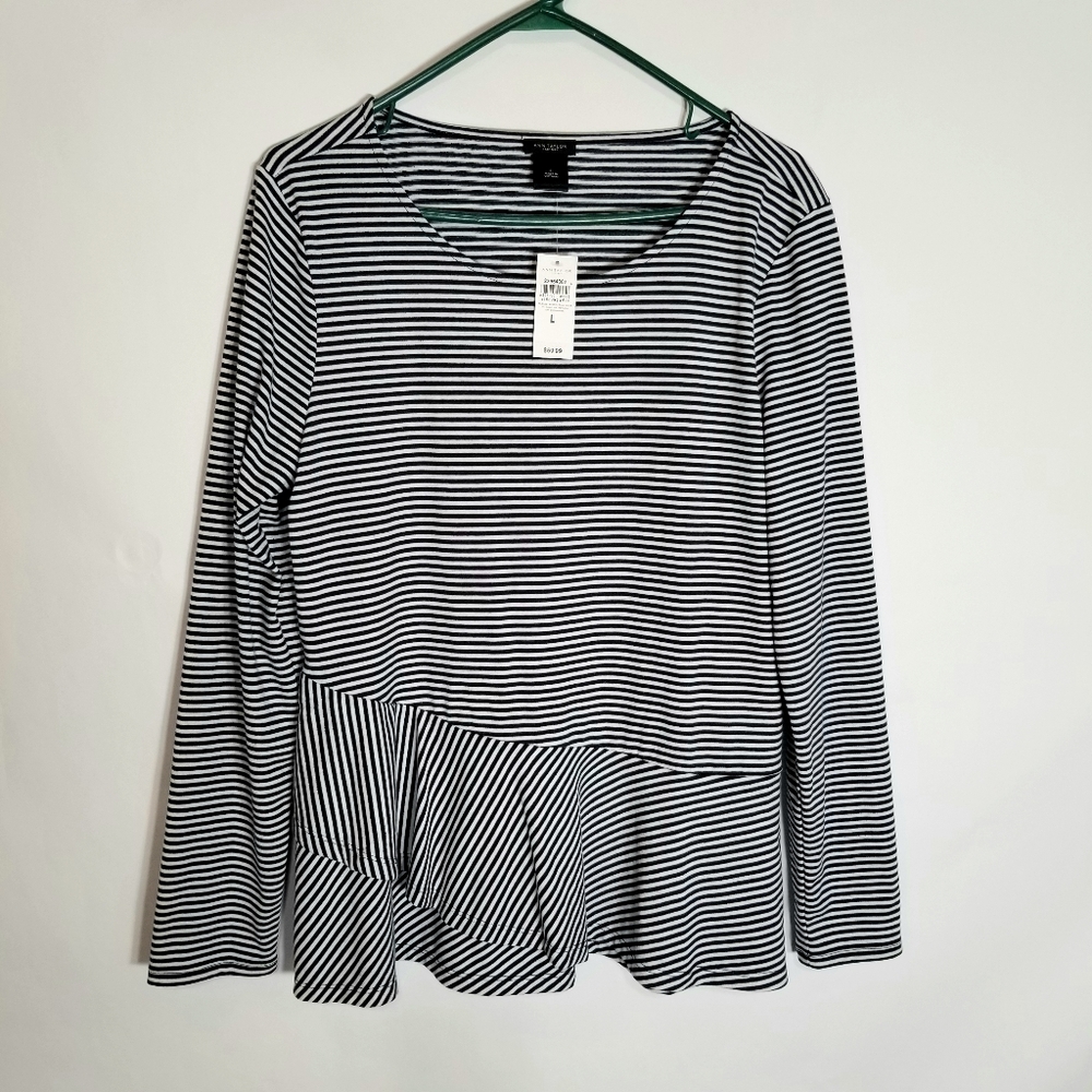 Ann Taylor Factory Top Women's Size Large Black White Stripe Layer Hem New
